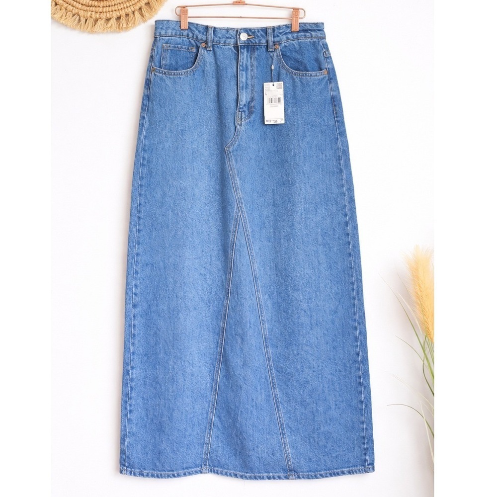 Mango MNG NEW Long Maxi Medium Wash Denim Jean Skirt SZ Large Coastal Cowgirl - Picture 2 of 12